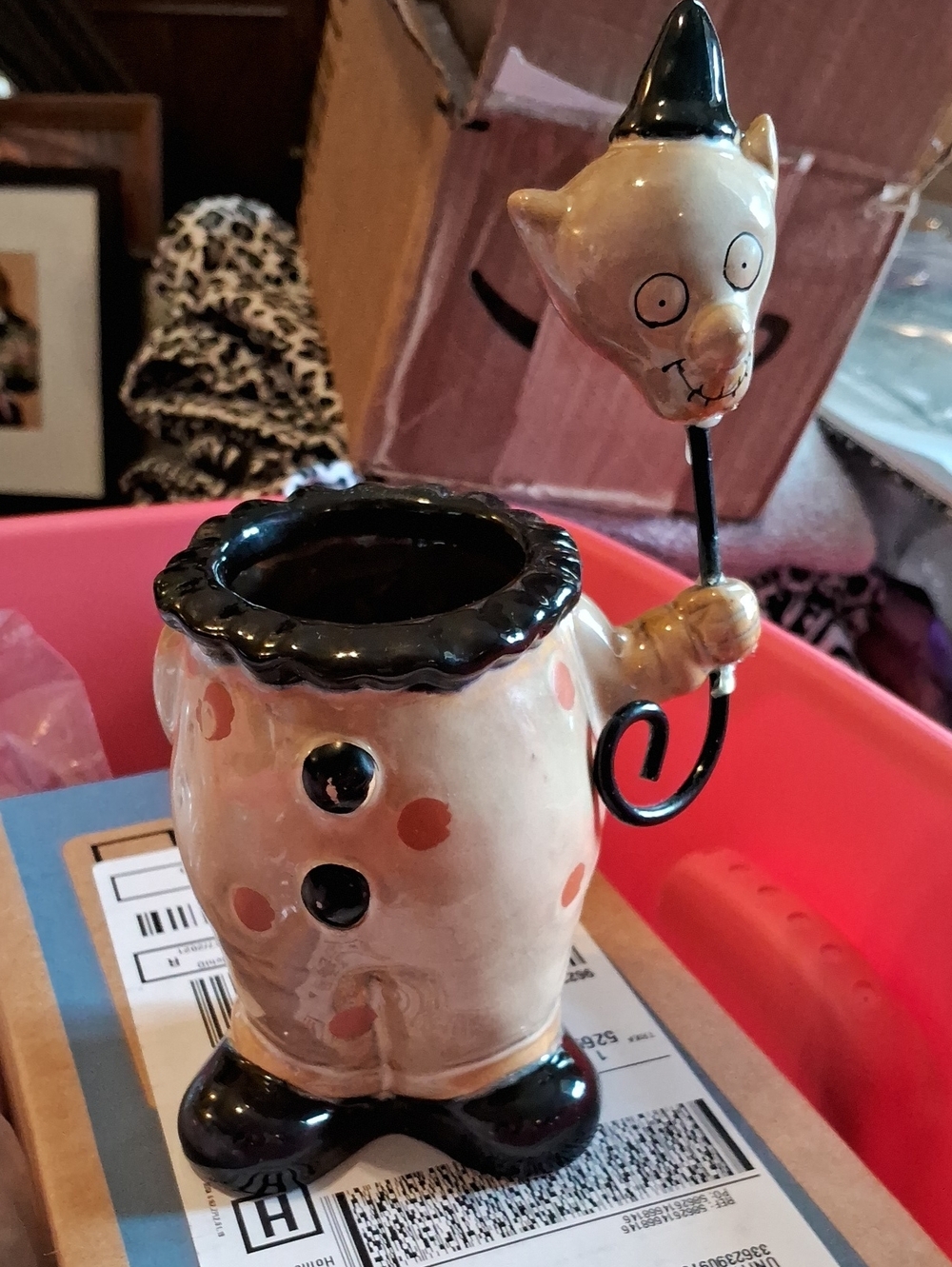 Whimsical Ceramic Clown Votive Holder with Balloon Accent - Pink & Black